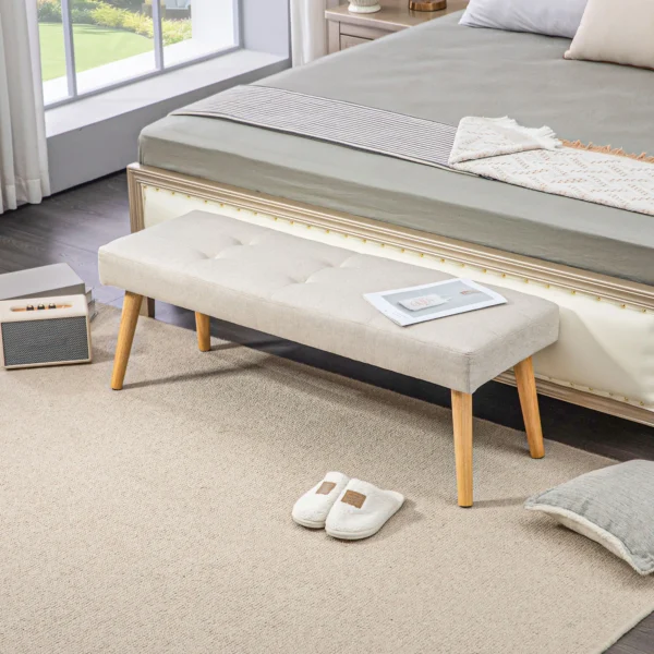 Zitbank, gestoffeerde bank met linnenlook, knoopstiksels, bedbank met houten poten voor slaapkamer, woonkamer, gang, 120 x 41 x 43 cm, crème 2