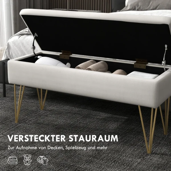 Zitbank gestoffeerde bank met opslagruimte, linnenlook, bedbank met stalen poten, voor slaapkamer, woonkamer, gang, 100 x 40 x 49 cm, crème 6