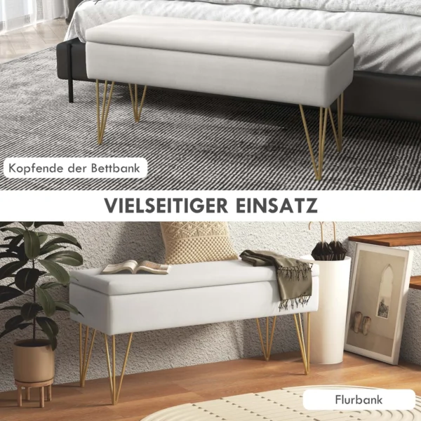 Zitbank gestoffeerde bank met opslagruimte, linnenlook, bedbank met stalen poten, voor slaapkamer, woonkamer, gang, 100 x 40 x 49 cm, crème 9