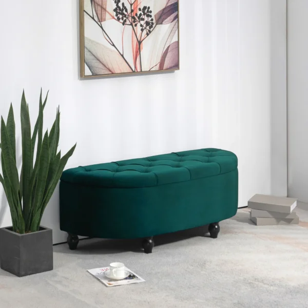 Zitbank met opbergruimte en geopend deksel, gestoffeerde bank van rubberhout, velvet touch, donkergroen, 120 x 46 x 42 cm voor woonkamer & gang 2