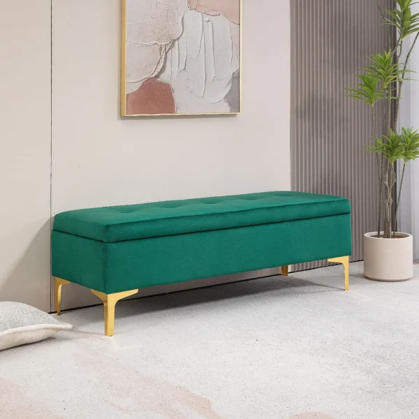 Zitbank met opbergruimte, gestoffeerde bank in fluweel look 120x44x44,5 cm, metalen poten, bedbank voor woonkamer slaapkamer gang, groen 10