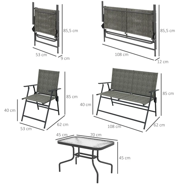 Zitgroep, 4 delig tuinmeubelset, inklapbare zitset incl. 1 tafel, 2 stoelen, 1 tweezitter, balkonmeubelset, metaal, bruin 4