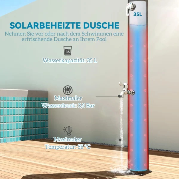 Zonnedouche 35 liter zonnetuin douche met kraan douchekop handdouche zijtafel, tot 55 °c, buitendouche zonder stroomaansluiting zwembaddouche campingdouche regendouche warm water 5