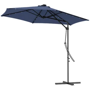 Zonnescherm met led op zonne energie, Ø290x260 cm, incl. kruisvoet 55 60kg, uv bescherming, handzwengel & beschermhoes, polyester, donkerblauw 1