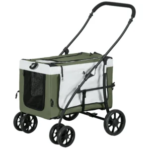 2 in 1 hondenwagen hondenbuggy opvouwbaar voor honden & katten tot 10 kg kattenbuggy met kussen, netvensters, deuren, opbergmand, kattenwagen buggy donkergroen 1