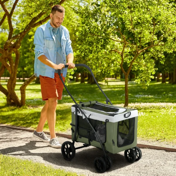 2 in 1 hondenwagen hondenbuggy opvouwbaar voor honden & katten tot 10 kg kattenbuggy met kussen, netvensters, deuren, opbergmand, kattenwagen buggy donkergroen 2