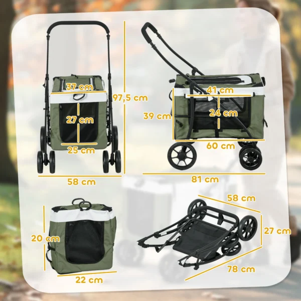2 in 1 hondenwagen hondenbuggy opvouwbaar voor honden & katten tot 10 kg kattenbuggy met kussen, netvensters, deuren, opbergmand, kattenwagen buggy donkergroen 4