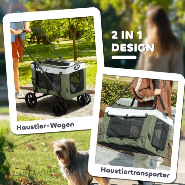 2 in 1 hondenwagen hondenbuggy opvouwbaar voor honden & katten tot 10 kg kattenbuggy met kussen, netvensters, deuren, opbergmand, kattenwagen buggy donkergroen 6
