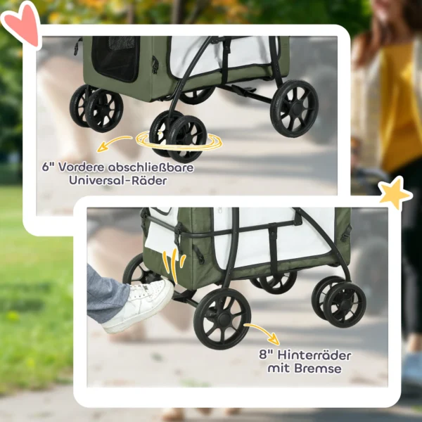 2 in 1 hondenwagen hondenbuggy opvouwbaar voor honden & katten tot 10 kg kattenbuggy met kussen, netvensters, deuren, opbergmand, kattenwagen buggy donkergroen 8