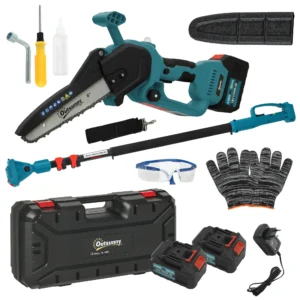 2 in 1 mini kettingzaag 580w met accu 8000mah veiligheidsvergrendeling 8 inch handkettingzaag elektrische motorzaag voor tuinscharen takkenschaar houtsnijden 1