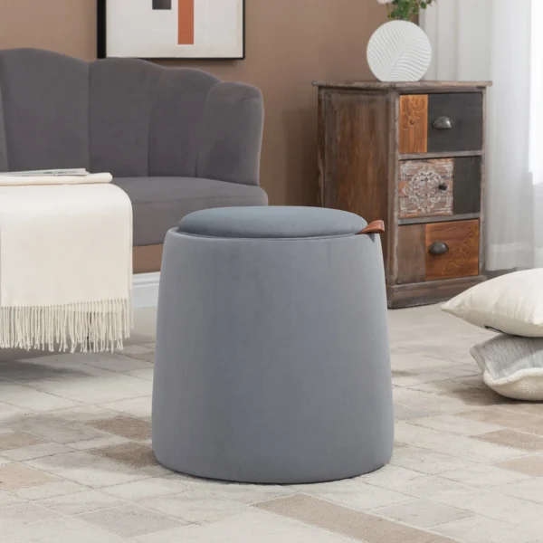 2 in 1 ottoman ronde zitkruk in grijze fluweel look met opbergruimte afneembaar deksel Ø44cm x 47,5cm veelzijdig inzetbaar als bijzettafel 2