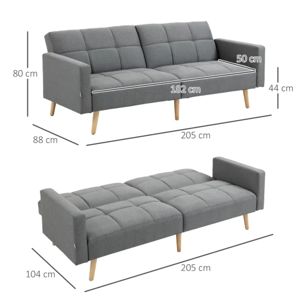2 in 1 slaapbank 205 x 88 cm sofa met bedfunctie, bank met zitkussens, linnenlook, verstelbare rugleuning voor woonkamer, slaapkamer, grijs 4