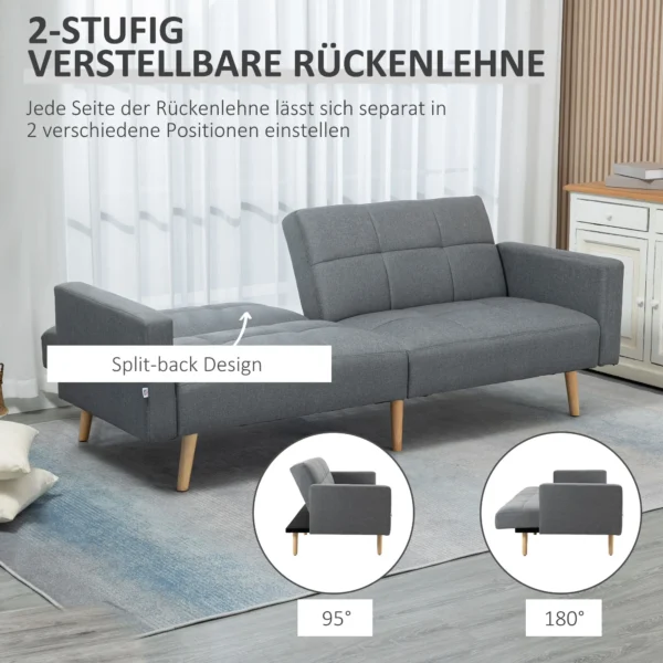 2 in 1 slaapbank 205 x 88 cm sofa met bedfunctie, bank met zitkussens, linnenlook, verstelbare rugleuning voor woonkamer, slaapkamer, grijs 6