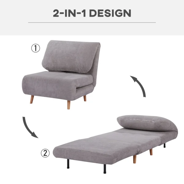 2 in 1 slaapbank, slaapstoel, verstelbare vouwmatras, logeerbed, vouwbed, corduroy look voor slaapkamer, woonkamer, lichtgrijs 5