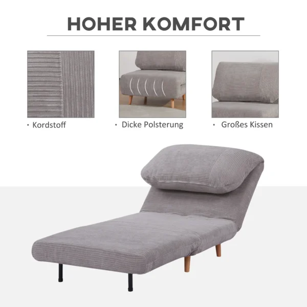 2 in 1 slaapbank, slaapstoel, verstelbare vouwmatras, logeerbed, vouwbed, corduroy look voor slaapkamer, woonkamer, lichtgrijs 7