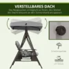 2 zits hollywood schommel met zonnedak, kussens & dienblad, moderne tuinschommel van metaal & polyester, grijs, 162x118x173cm 5