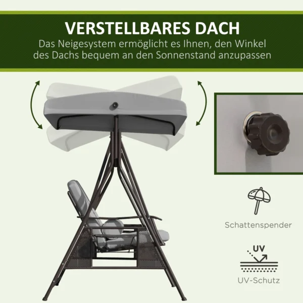 2 zits hollywood schommel met zonnedak, kussens & dienblad, moderne tuinschommel van metaal & polyester, grijs, 162x118x173cm 5