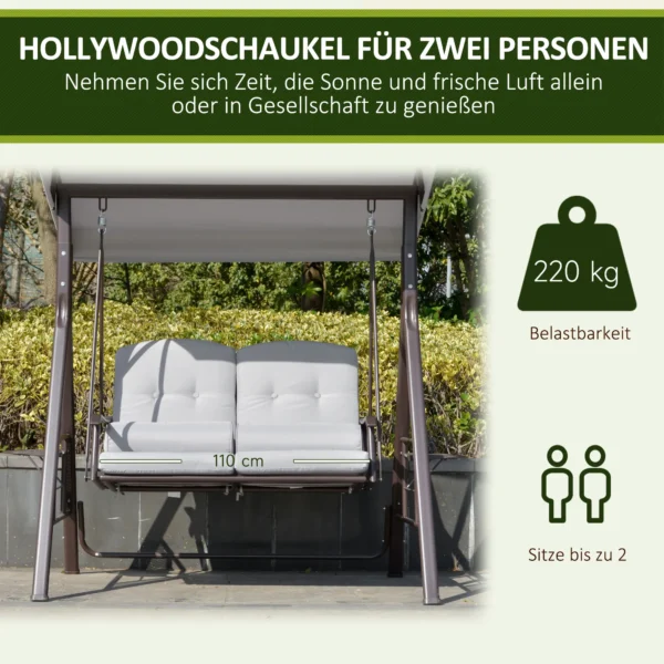 2 zits hollywood schommel met zonnedak, kussens & dienblad, moderne tuinschommel van metaal & polyester, grijs, 162x118x173cm 6