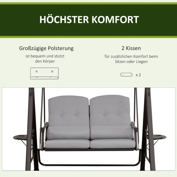 2 zits hollywood schommel met zonnedak, kussens & dienblad, moderne tuinschommel van metaal & polyester, grijs, 162x118x173cm 8