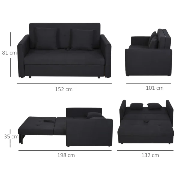 2 zits slaapbank met bedfunctie & opbergruimte, rugkussen, polycotton, hout, antraciet, 152x101x81cm 4