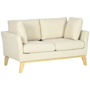 2 zitsbank loveseat in linnenlook met kussens, tweezitter met houten poten tot 150 kg, beige 137x78x78 cm voor woonkamer 1