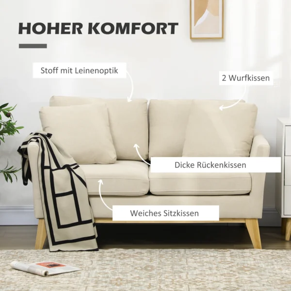2 zitsbank loveseat in linnenlook met kussens, tweezitter met houten poten tot 150 kg, beige 137x78x78 cm voor woonkamer 5