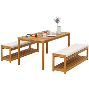 3 delig. tuinmeubelset van acaciahout inclusief 1 eettafel met parasolgat, 2 banken, balkonmeubelset, tuinset voor balkon, terras, teak 1