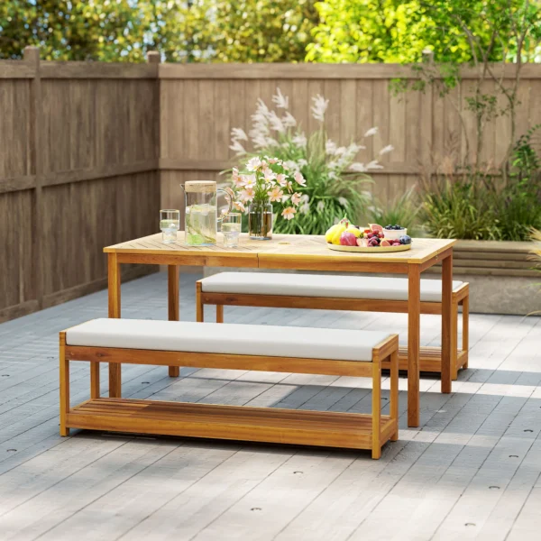 3 delig. tuinmeubelset van acaciahout inclusief 1 eettafel met parasolgat, 2 banken, balkonmeubelset, tuinset voor balkon, terras, teak 10