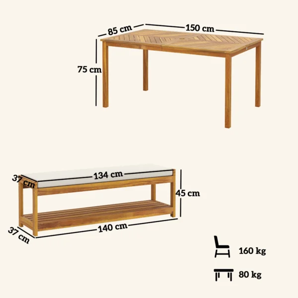 3 delig. tuinmeubelset van acaciahout inclusief 1 eettafel met parasolgat, 2 banken, balkonmeubelset, tuinset voor balkon, terras, teak 4