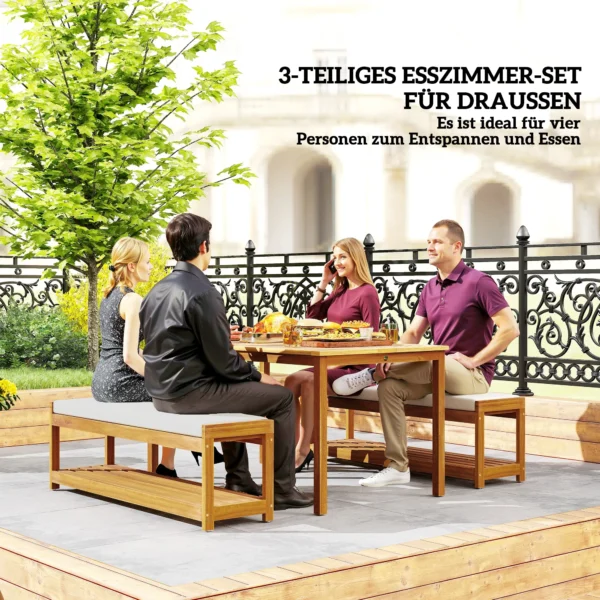 3 delig. tuinmeubelset van acaciahout inclusief 1 eettafel met parasolgat, 2 banken, balkonmeubelset, tuinset voor balkon, terras, teak 5