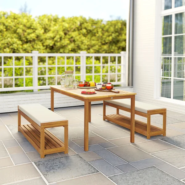 3 delig. tuinmeubelset van acaciahout inclusief 1 eettafel met parasolgat, 2 banken, balkonmeubelset, tuinset voor balkon, terras, teak 9