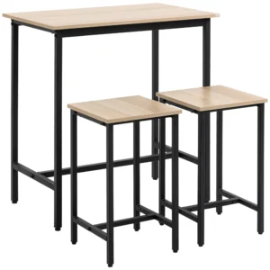 3 delige eetgroep eettafel set voor balkon & tuin, stalen frame & spaanplaat, natuurhout look & zwart, 80x50x85cm 1