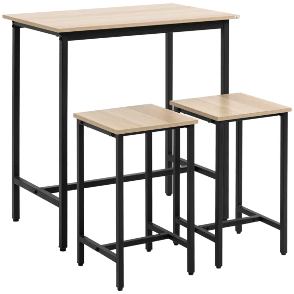 3 delige eetgroep eettafel set voor balkon & tuin, stalen frame & spaanplaat, natuurhout look & zwart, 80x50x85cm 1