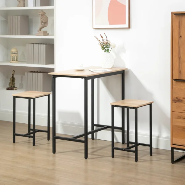 3 delige eetgroep eettafel set voor balkon & tuin, stalen frame & spaanplaat, natuurhout look & zwart, 80x50x85cm 2