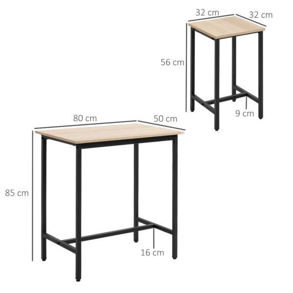 3 delige eetgroep eettafel set voor balkon & tuin, stalen frame & spaanplaat, natuurhout look & zwart, 80x50x85cm 4