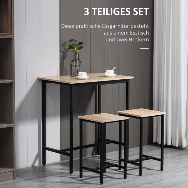 3 delige eetgroep eettafel set voor balkon & tuin, stalen frame & spaanplaat, natuurhout look & zwart, 80x50x85cm 5