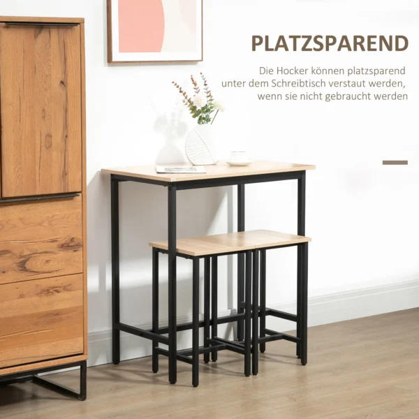 3 delige eetgroep eettafel set voor balkon & tuin, stalen frame & spaanplaat, natuurhout look & zwart, 80x50x85cm 6
