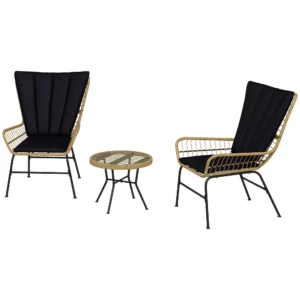 3 delige rattan zitgroep tuinset tuinmeubelset met 2 stoelen & bijzettafel hardglazen blad en kussens 1
