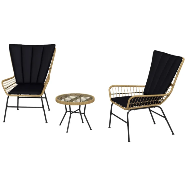 3 delige rattan zitgroep tuinset tuinmeubelset met 2 stoelen & bijzettafel hardglazen blad en kussens 1