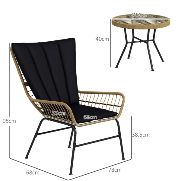 3 delige rattan zitgroep tuinset tuinmeubelset met 2 stoelen & bijzettafel hardglazen blad en kussens 4