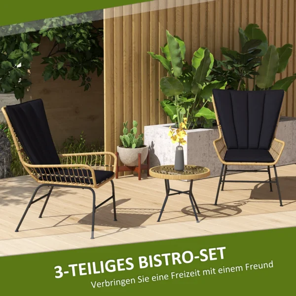3 delige rattan zitgroep tuinset tuinmeubelset met 2 stoelen & bijzettafel hardglazen blad en kussens 5