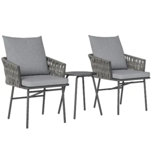 3 dlg. rattan bistroset, zitgroep, tuinset met 2 tuinstoelen, salontafel, afneembaar kussen, balkonmeubel set voor tuin, terras, staal, grijs 1