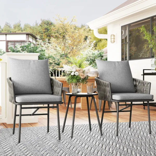 3 dlg. rattan bistroset, zitgroep, tuinset met 2 tuinstoelen, salontafel, afneembaar kussen, balkonmeubel set voor tuin, terras, staal, grijs 10