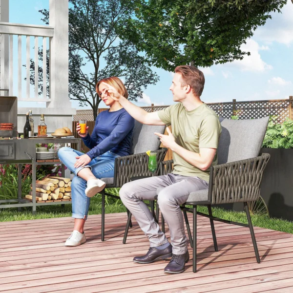 3 dlg. rattan bistroset, zitgroep, tuinset met 2 tuinstoelen, salontafel, afneembaar kussen, balkonmeubel set voor tuin, terras, staal, grijs 2