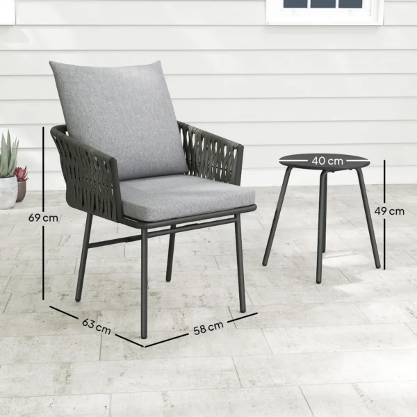 3 dlg. rattan bistroset, zitgroep, tuinset met 2 tuinstoelen, salontafel, afneembaar kussen, balkonmeubel set voor tuin, terras, staal, grijs 4