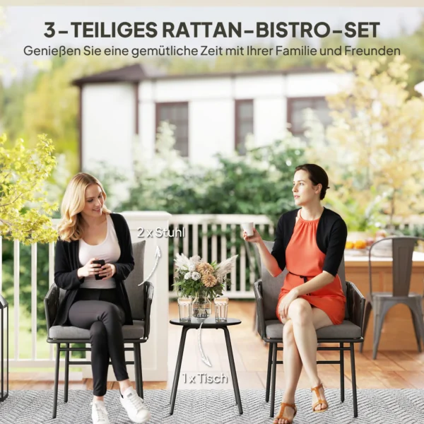 3 dlg. rattan bistroset, zitgroep, tuinset met 2 tuinstoelen, salontafel, afneembaar kussen, balkonmeubel set voor tuin, terras, staal, grijs 5