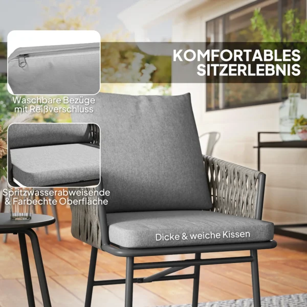 3 dlg. rattan bistroset, zitgroep, tuinset met 2 tuinstoelen, salontafel, afneembaar kussen, balkonmeubel set voor tuin, terras, staal, grijs 6