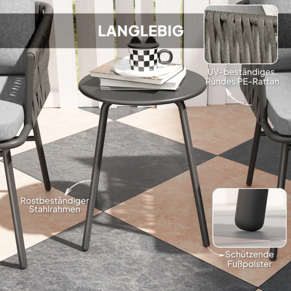 3 dlg. rattan bistroset, zitgroep, tuinset met 2 tuinstoelen, salontafel, afneembaar kussen, balkonmeubel set voor tuin, terras, staal, grijs 7