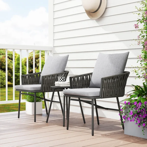 3 dlg. rattan bistroset, zitgroep, tuinset met 2 tuinstoelen, salontafel, afneembaar kussen, balkonmeubel set voor tuin, terras, staal, grijs 8