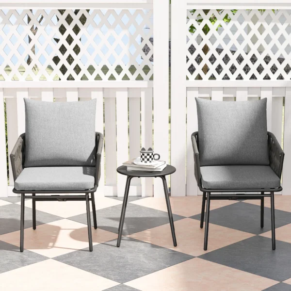 3 dlg. rattan bistroset, zitgroep, tuinset met 2 tuinstoelen, salontafel, afneembaar kussen, balkonmeubel set voor tuin, terras, staal, grijs 9